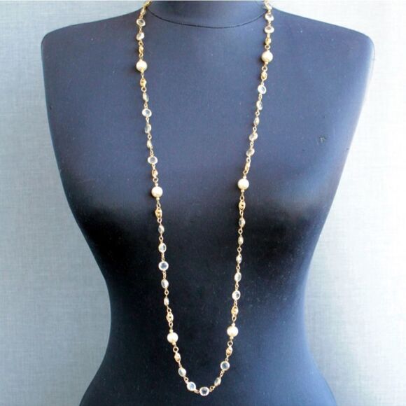 VINTAGE UNSIGNED SWAROVSKI GLASS WINDOW PANE & PEARL 40" NECKLACE - Picture 5 of 10
